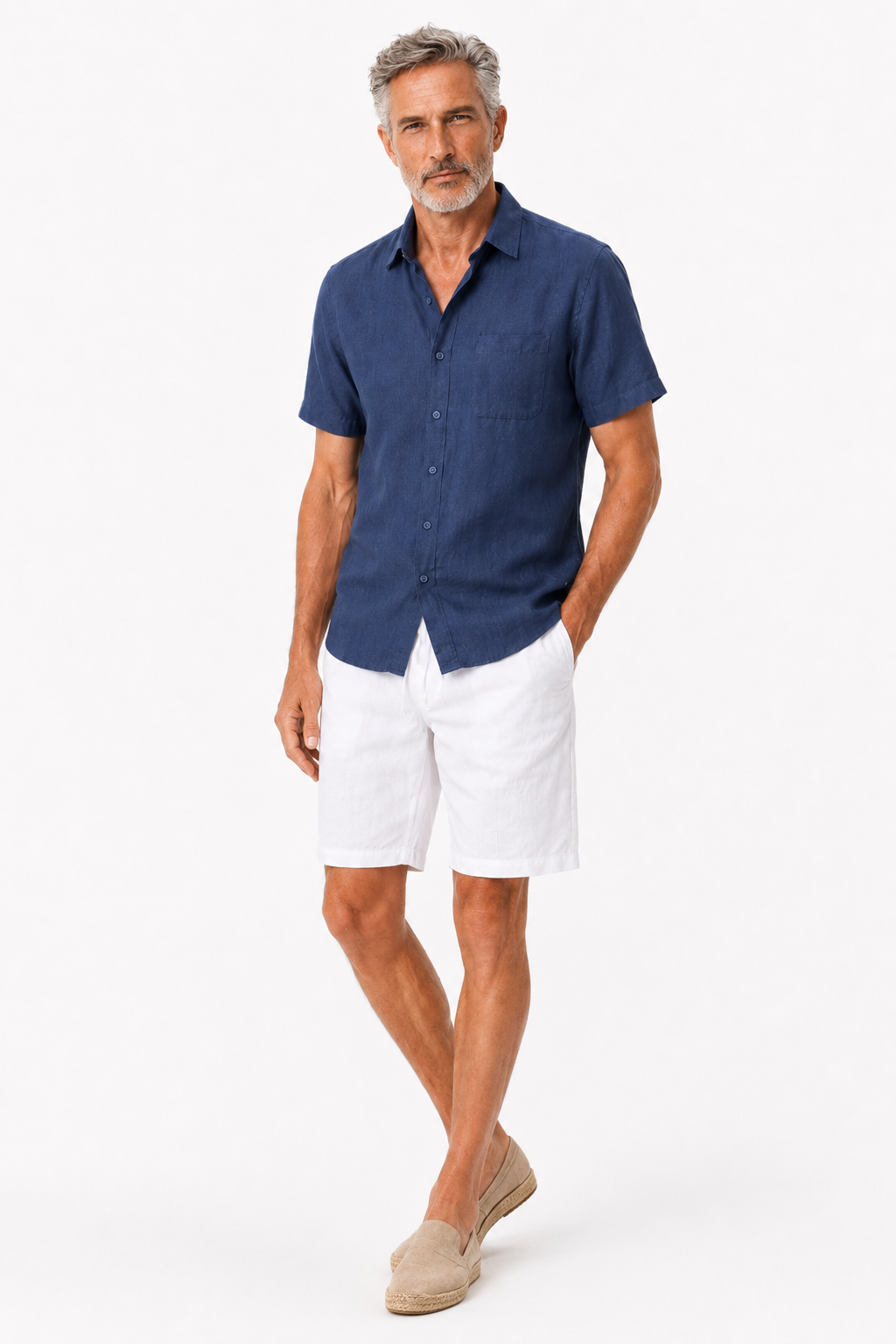Damen Leinen Sommer Set Kurzarm Marineblau Weiß - Entspannt Elegant