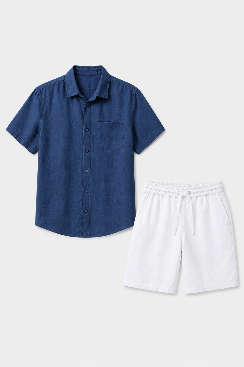 Damen Leinen Sommer Set Kurzarm Marineblau Weiß - Entspannt Elegant