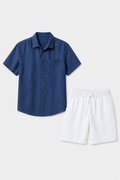 Damen Leinen Sommer Set Kurzarm Marineblau Weiß - Entspannt Elegant