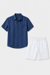 Damen Leinen Sommer Set Kurzarm Marineblau Weiß - Entspannt Elegant