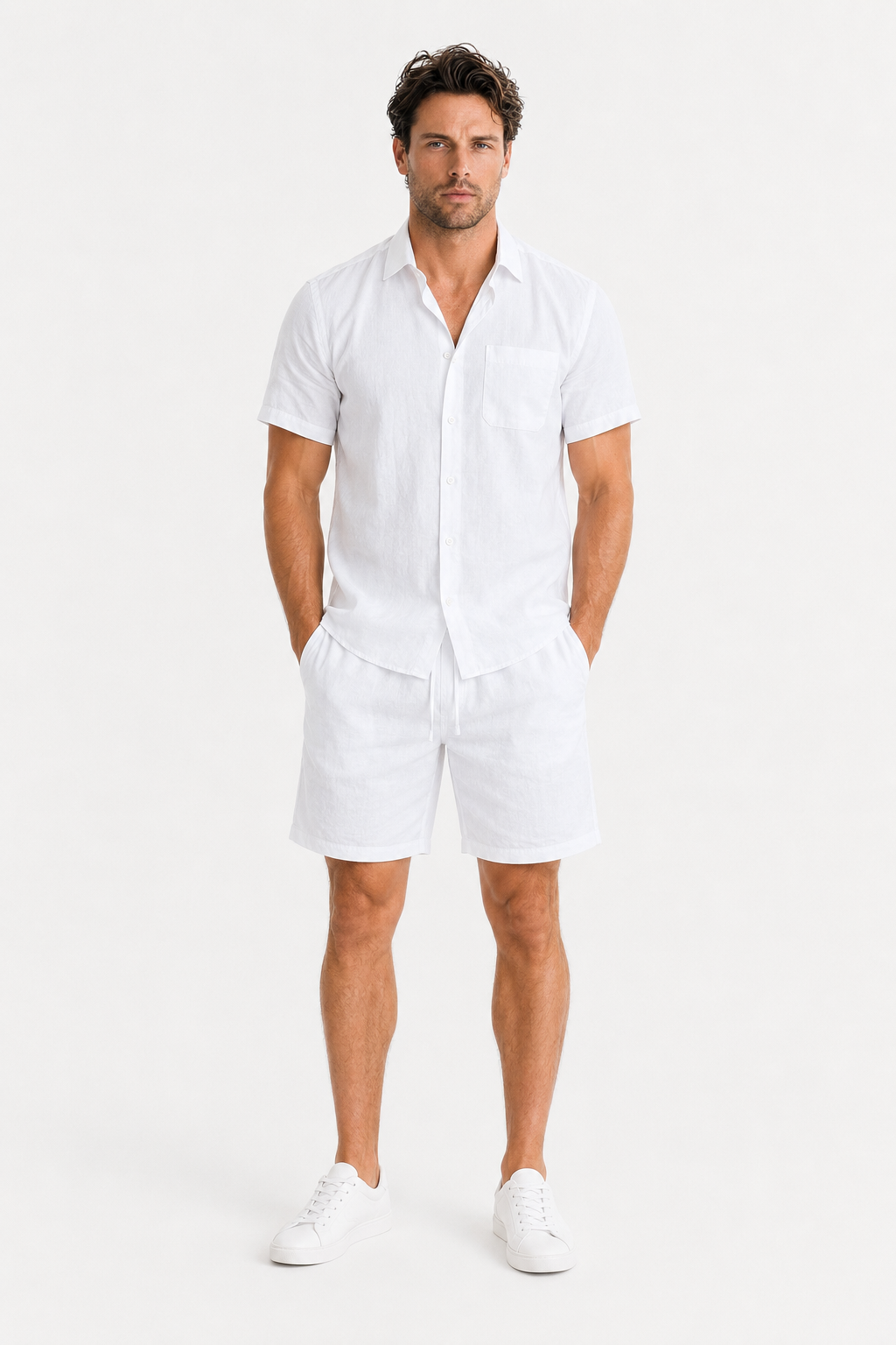 Damen Sommer Kurzarm-Set aus Leinen - Weiß & Atmungsaktiv