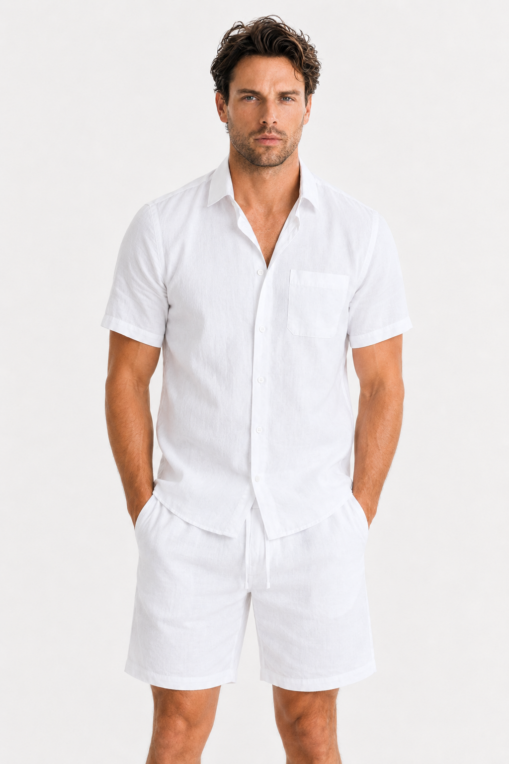 Damen Sommer Kurzarm-Set aus Leinen - Weiß & Atmungsaktiv