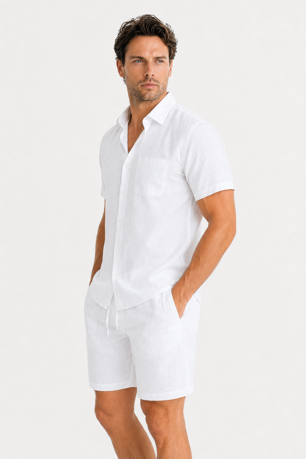 Damen Sommer Kurzarm-Set aus Leinen - Weiß & Atmungsaktiv